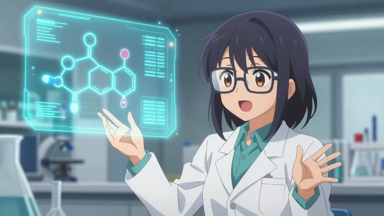 Anime pharmacist explaining drug bioequivalence with holographic chemical structures