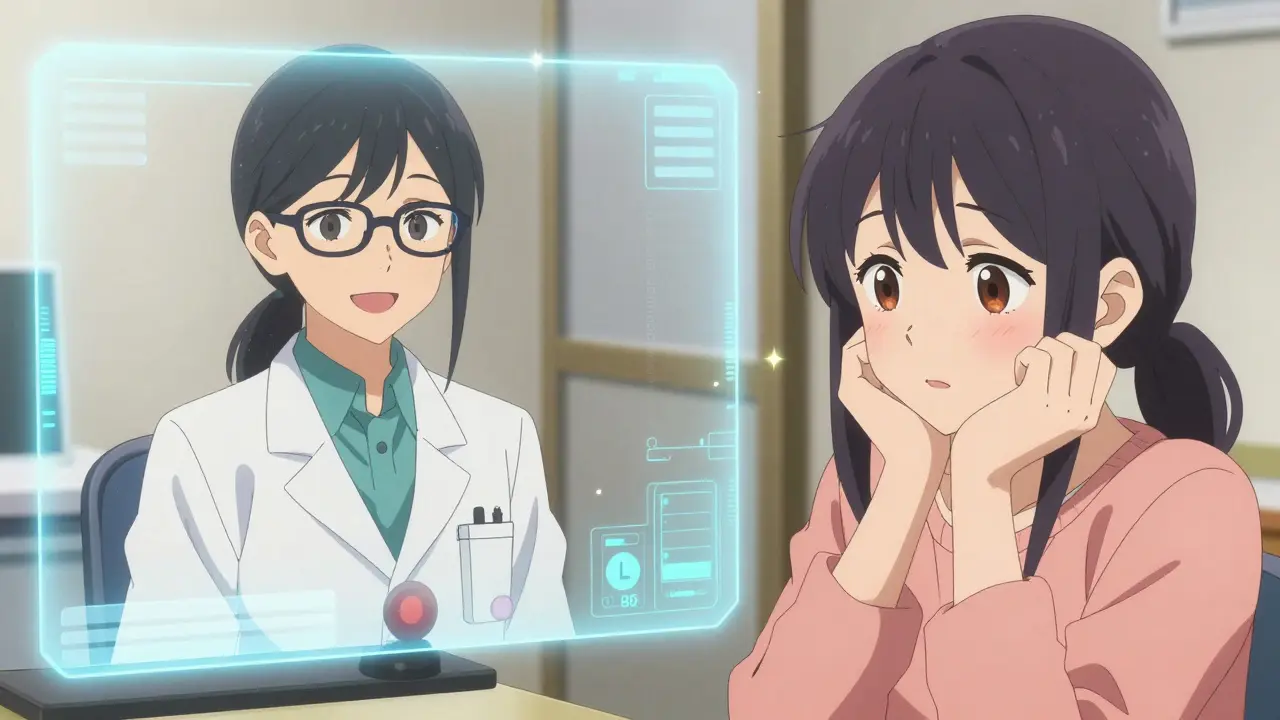 Anime woman having a professional video consultation with a friendly pharmacist via a digital screen.