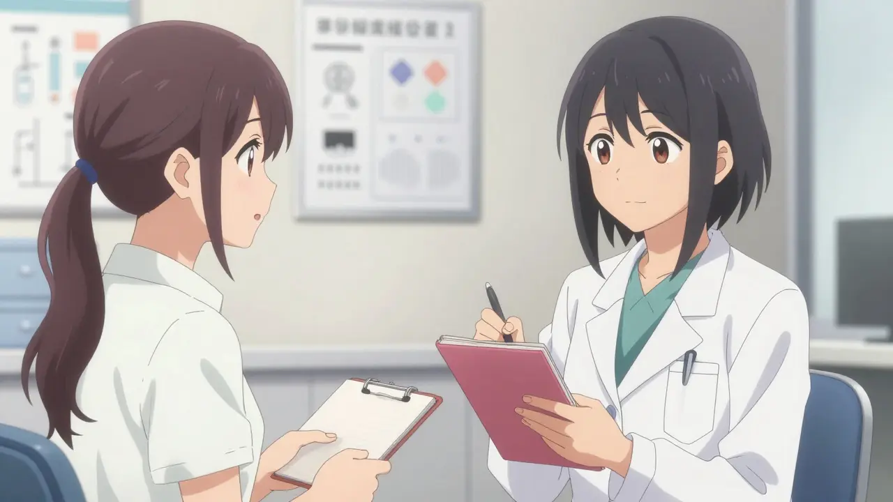 Anime woman in bishoujo style discussing her health diary with a doctor in a medical clinic