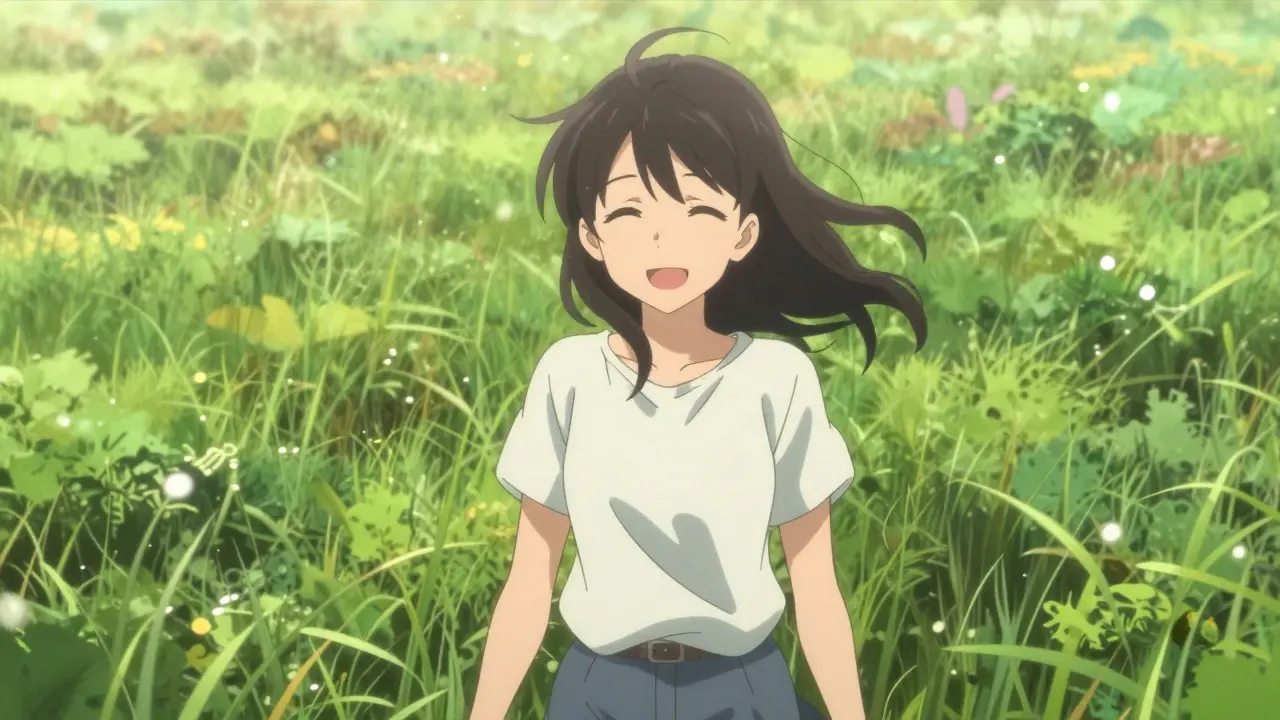 Anime woman relaxing outdoors free from seasonal allergy symptoms.