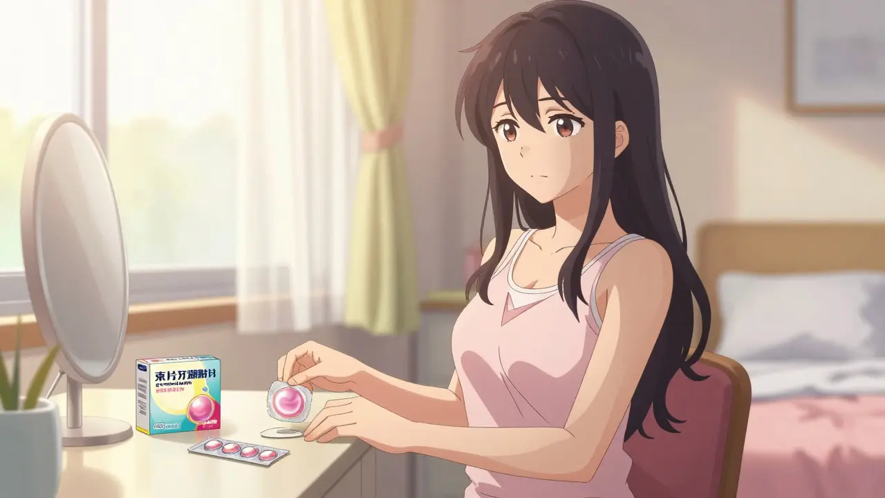 Anime woman with birth control and backup protection on her vanity