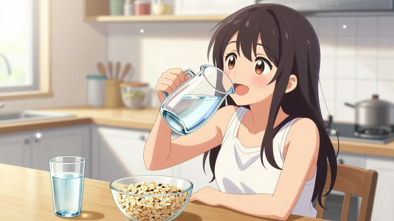 Bishoujo style anime girl drinking a large glass of water next to a bowl of oats in a bright kitchen