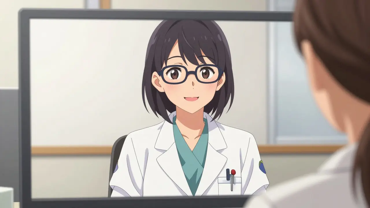 Bishoujo style female doctor during a telehealth video consultation