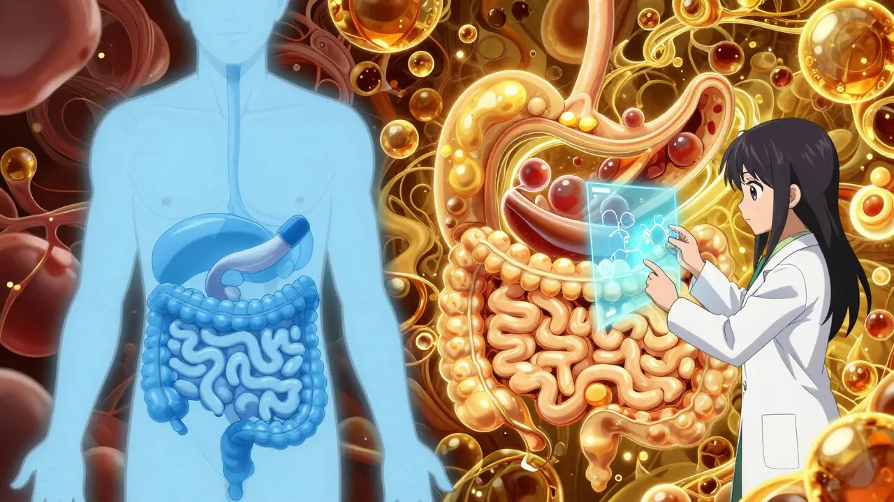 Conceptual anime art comparing the fasted and fed states of a digestive system.