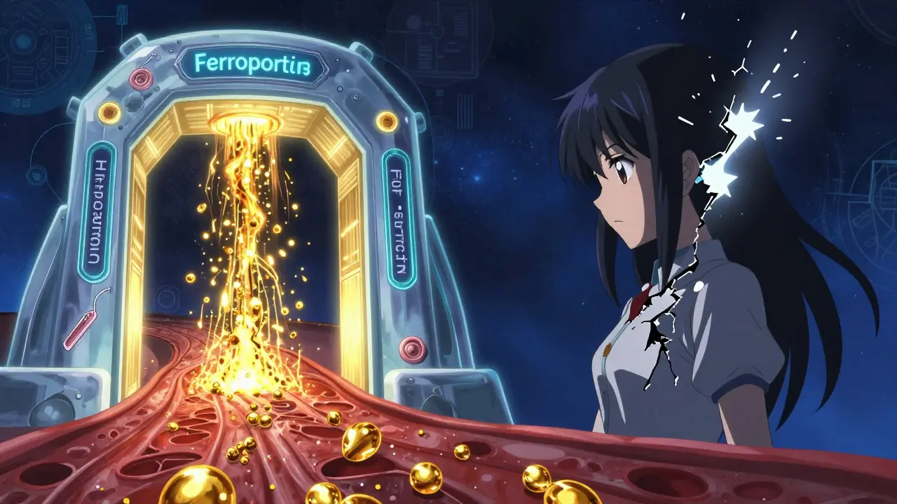 Conceptual anime art showing a broken hepcidin switch and open iron gateway