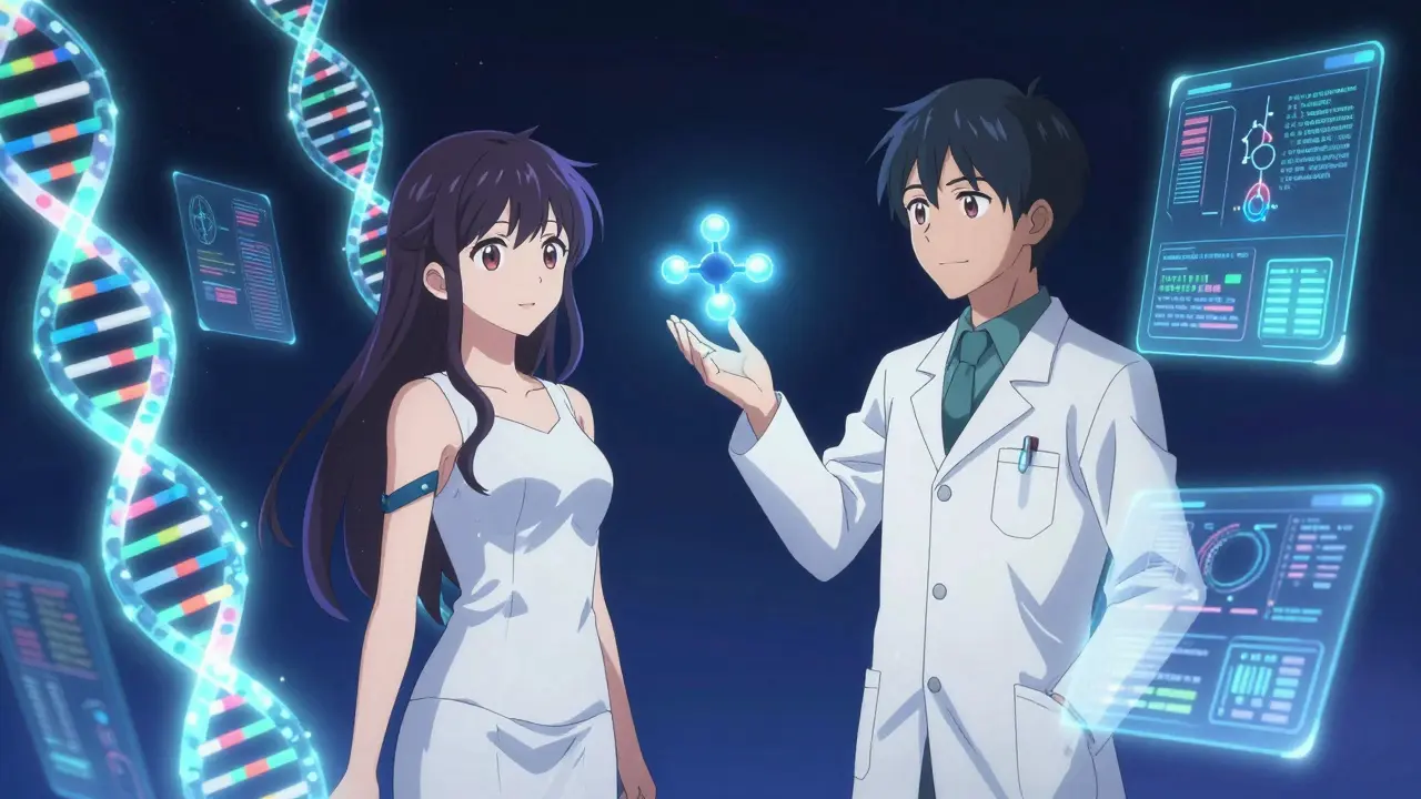 Futuristic anime scene showing a woman and pharmacist analyzing DNA and digital data for personalized medicine.