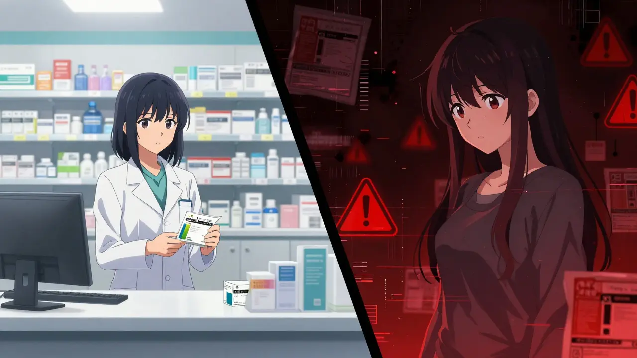 Split scene comparing a legitimate pharmacy with a dangerous illegal website