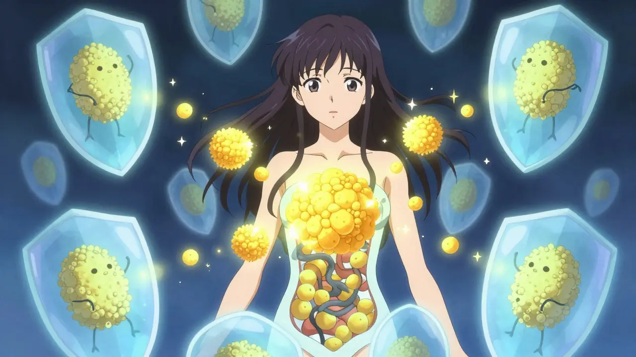 Stylized immune cells guarding against pollen in anime style.